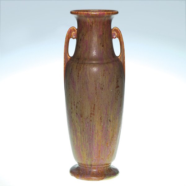 Roseville Carnelian II vase, rose, 18 1/4”: Roseville Carnelian II vase, shape 327-18”, covered with the line’s blended and layered glaze, mostly rose over green. Unmarked. In excellent original condition. Height is 18 1/4 inches.