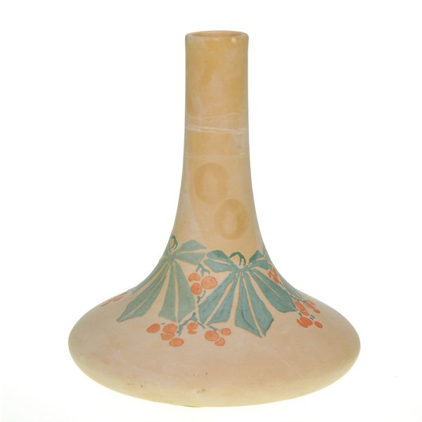 Weller Arts & Crafts line 6 7/8” vase: Weller Arts & Crafts line drawing heavily from the Austrian Secessionist style, encircled with a leaf and berry design. Impressed Weller in small block letters. There is a small nick at the rim and mi