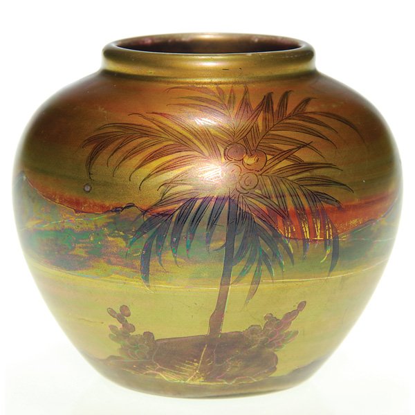 Weller Lasa 3 1/2” vase, palm trees on island: Pretty Weller LaSa vase decorated with an island scene showing palm trees, a bay and a golden sky. Unmarked. In excellent, original condition and showing almost no wear. Height is 3 1/2 inches.