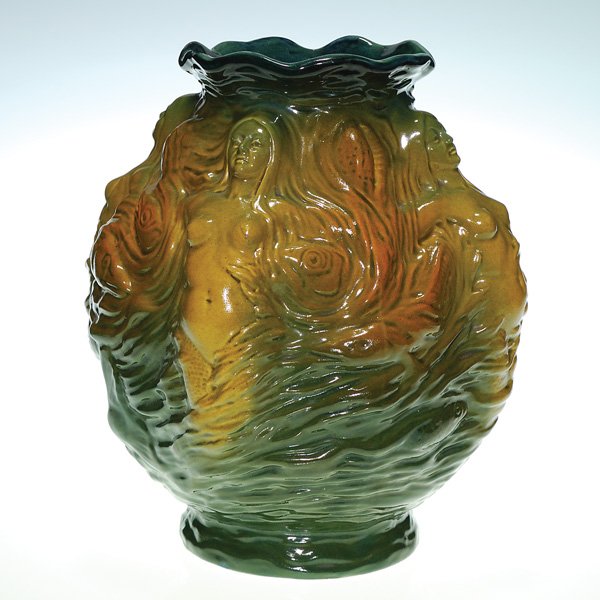 Vance Avon Faience “Mermaid” vase, 11 7/8”: Vance Avon Faience “Mermaid” vase with repeating design of mermaids, octopi and fish. Marked with the early “Vance F. Co.” mark, an M and “No. 118.” There is a one inch chip inside the rim