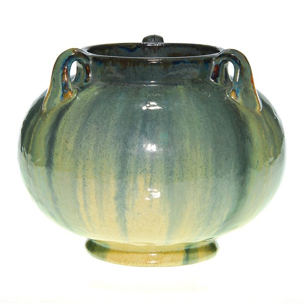 Fulper 3-handled vase, yellow & green Flambe': Good Fulper vase, shape 564 with three handles coated with a beautiful Flambé glaze combining butter yellow and an overflowing of gray green. A nice root beer color shows at the rim and on the handle