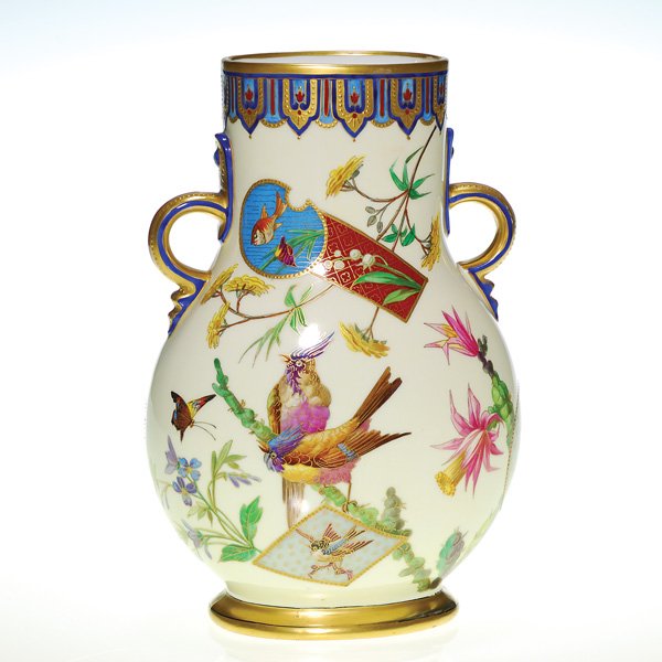 Minton Aesthetic Movement vase, birds, 8 3/8": Exquisite Minton Aesthetic Movement vase featuring birds, flowers, fish, butterflies and vines done in crisp, rich colors for Bailey, Banks & Biddle in Philadelphia in the late 19th century. A tour-de