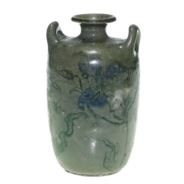 Martin Brothers 5 7/8” vase, butterfly, 5 7/8": Martin Bros. vase with floral decoration and a butterfly exploring among the flowers, made in 1898. Incised on bottom with the date and “Martin Bros. London, Southall” and bearing an esoteric mark