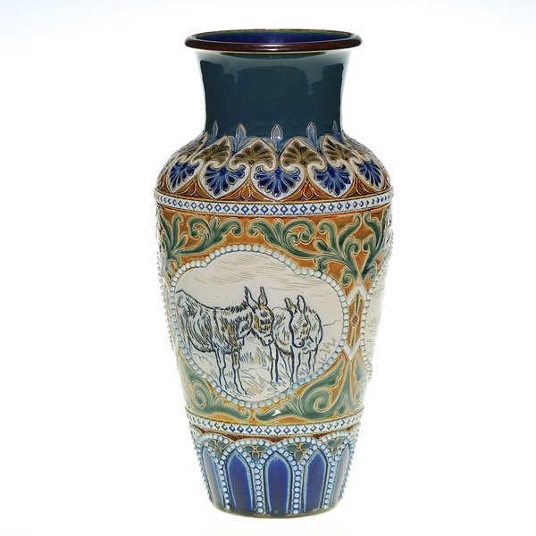 Doulton 10 1/2” vase, donkeys, H. Barlowe.: Doulton vase having three panels, each featuring a single or a pair of donkeys, incised and colored by Hannah Barlowe with elaborate detailing accomplished by assistants. Impressed with the Doulton lo
