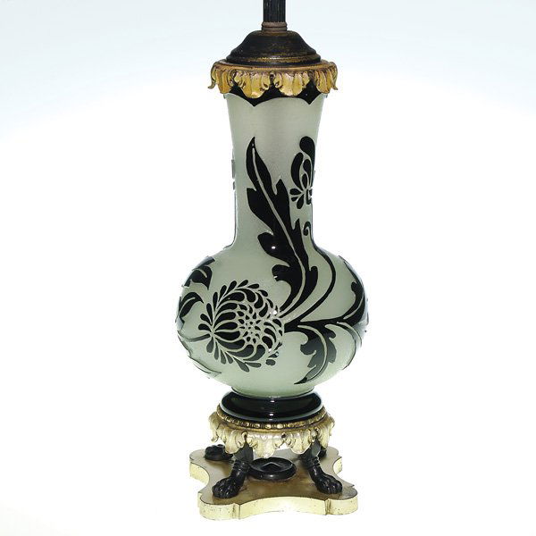 Steuben ACB lamp, Mirror Black/Alabaster, mums,20": Nice Steuben lamp, acid cut back in Mirror Black over Alabaster with the sculptured pattern of chrysanthemum flower heads among graceful foliage. The Steuben fleur-de-lis acid mark is on the side. Ori