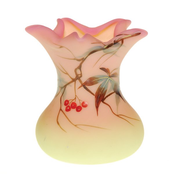 Webb Burmese decorated vase, folded in rim, 3 1/8: Miniature Thomas Webb & Sons Burmese 3 1/8 inch vase with a fold-in petal top and decorated with a Virginia Creeper vine. The bottom bears the Queens Burmese Ware impression. Factory roughness on the 