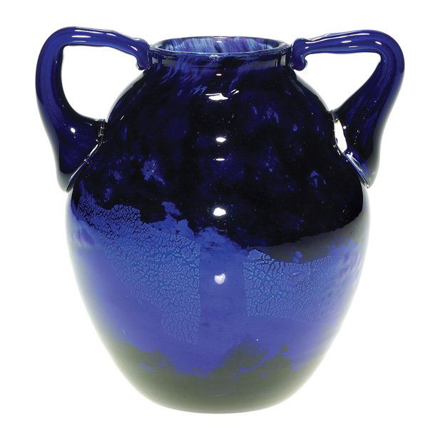 Daum twin handled vase, foil inclusions, 5 1/8”: Daum Nancy handled vase, a dark royal blue with a belt of foil inclusions and mottling about the middle. Height 5 1/8 inches. The company name is on the side with the Cross of Lorraine. Tiny in the ma