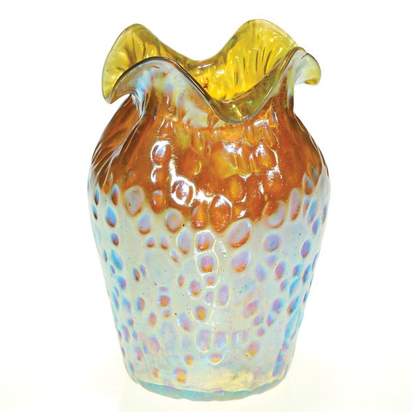 Loetz vase, Candia Silberiris Diaspora, 5": Loetz vase, Candia Silberiris Diaspora with a flirty ruffled rim and dimpling about the shoulder. Height 5 inches. A bright gold surface, the recesses are well defined with a nice blue reflection. Exc