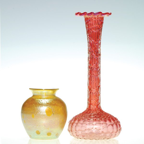 2 Loetz vases: 7 1/2” “Chiné”; 3” "Oil Spot": 2 Loetz vases: 1) 7 1/2 inch “Chiné” stick vase, pretty in pink with a tooled flanged rim. The threads reflecting a silver like quality. Teensy nick and very minor miss of stray thread strands lo