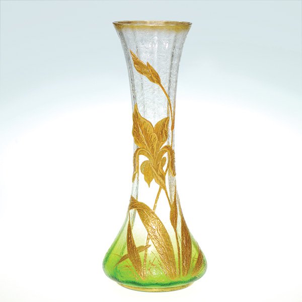 Mont Joye attributed vase, gold irises, 13": Beautiful crystal rubina vase attributed to Mont Joye, standing 13 inches. Decorated with a solitary iris and an oncoming bud in 3-D effect among several leaf blades and covered with lots & lots of go