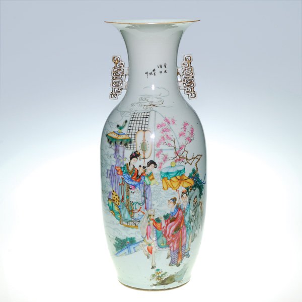 Chinese Temple vase, people, horses, 22 7/8”: Chinese Temple vase displaying an outdoor garden setting with members of the Royal family arriving on horseback, nearby a servant stands by a noble woman holding a child. Pierced porcelain handles. Or