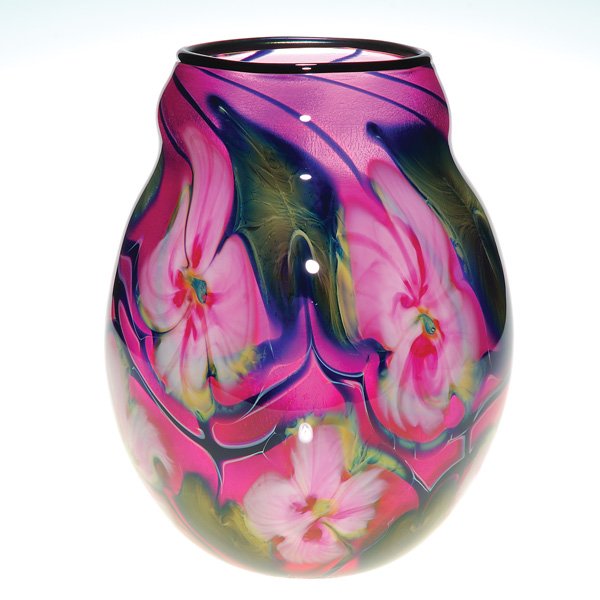 Charles Lotton 1989 Multi Flora vase, 9”, signed: Lovely early cased Multi Flora vase created by Charles Lotton in 1989 is richly decorated with elongated green leaves on silver with vines outlined in black along with larger pink and white flowers. B