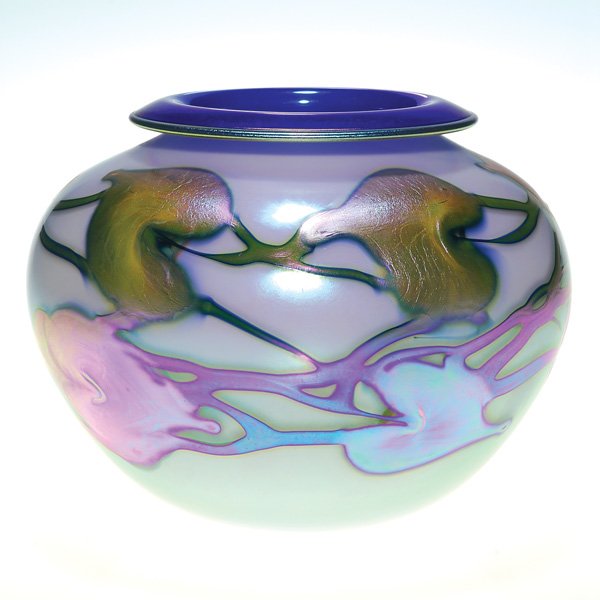 Charles Lotton vase, silver leaves, alabaster: For those collectors who appreciate a published provenance, this lovely ivory vase with silvered leaves and cobalt blue exterior will fit the bill. Made in 1987 by Charles Lotton. The turned down rim