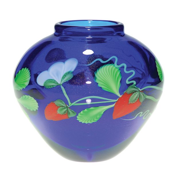 Orient & Flume vase, strawberries, Alexander,5 1/4: Good Limited Edition Orient & Flume cobalt blue vase showing plump red strawberries ready for the picking attached to a flowering vine lying over a nice sparkly metallic bed, the creative development 