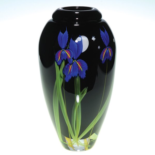 Mayauel Ward “Moon, Stars & Irises” vase, 10 1/2”: Mayauel Ward vase allowing the viewer to admire a stand of sapphire blue irises in the dark of night illuminated by a full moon and bright shining stars. Height 10 1/2 inches. Signed by the artist wit