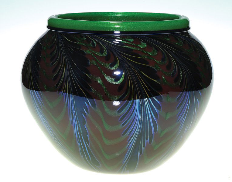 C. Lotton vase, Bing Cherry, Aventurine, 8 1/4": Large Charles Lotton “Bing Cherry” vase displaying ebony feathers outlined in silver cascading the rim and conjoined by aventurine green swags. The plumes are silhouetted over a rich wine red whil