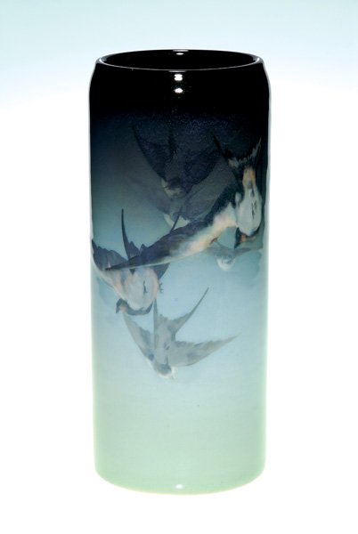 Rare Rookwood Scenic Iris vase, Young, Swallows: Rather amazing Iris glaze vase painted by Grace Young in 1904 on a Special form. Pictured are 10 exuberant barn swallows doing what barn swallows do best, swooping and diving, generally in pursuit of 