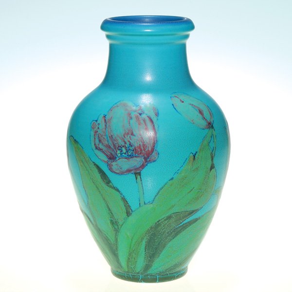 Rookwood mat vase, Pullman, 1930, tulips, 9 5/8": Nicely crafted Decorated Mat vase with red tulips, done in 1930 by John Wesley Pullman. The meaty body of the vase is encircled with flower and leaves done in a bold manner by an artist whose work we