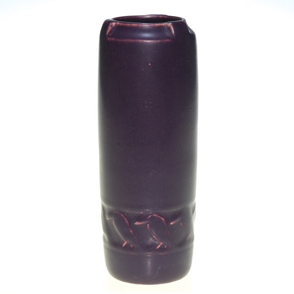 Rookwood mat “Rook” vase, eggplant, 1931, 6 1/2": Rookwood “Rook” production 6 1/2 inch vase done in an eggplant purple mat glaze in 1922. Marks include the company logo, the date, shape number 1845 and a wheel ground X. Height 6 1/2 inches. Xed