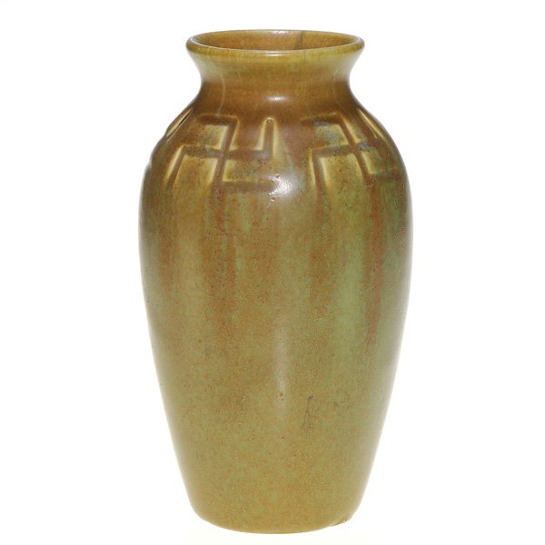 Rookwood hand carved vase, Native American design: Mat glaze vase dated 1912 with hand incised Native American style design and covered with green and brown glazes. Impressed with the Rookwood logo, the date and shape 534 D. There is faint crazing and