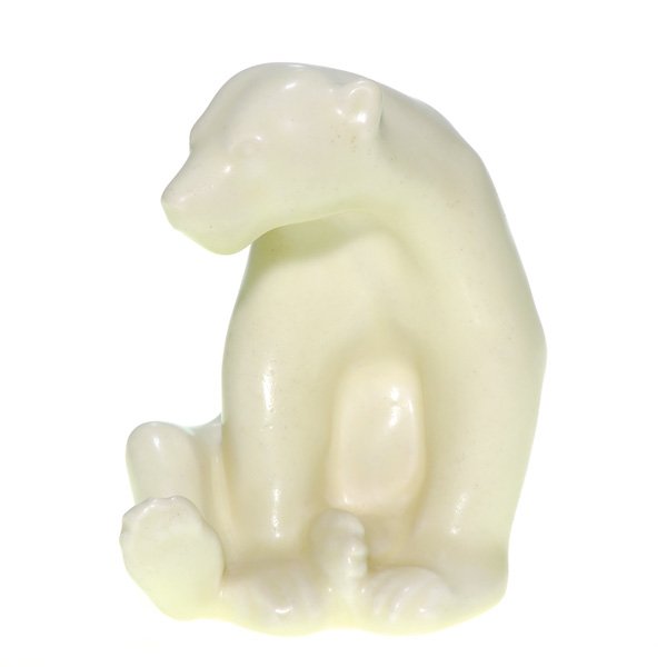 Rookwood Honey Bear 4.5” figure, #6485, 1949: Honey Bear figure, designed by Louise Abel, cast in 1949 and covered with the Ivory Mat glaze. Impressed with the Rookwood logo, the date, shape 6485 and the designer’s mold monogram. Uncrazed with 