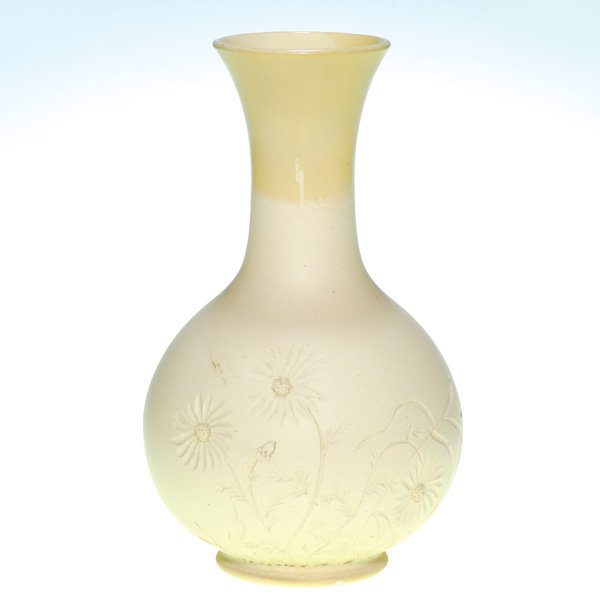 Rookwood 8 1/8” vase, incised floral decoration: Very early vase decorated with incised flowers and grasses by an unknown artist in 1882. Impressed Rookwood in block letters, with the 1882 date and with a backward N and an M and incised SM (or WS), 