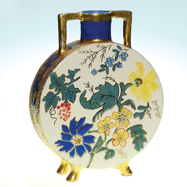 Cincinnati Art Pottery 11 1/4” flask vase: Cincinnati Art Pottery 11 1/4 inch flask vase, decorated in the Hungarian Faience manner, with lots of colorful glazes and fired on gold. Marked only with the word “Belle” in gold slip on the bott