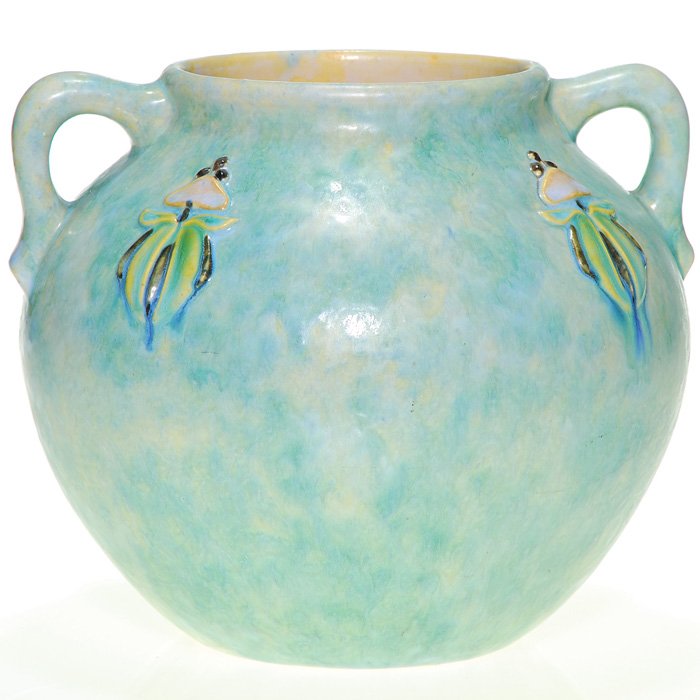 Roseville Experimental 7” Carnelian and Earlam.: Roseville Experimental vase that looks a bit like Montacello on steroids but is actually (according to Mark Bassett) an Earlam shape with Carnelian type glazes. Marked only with a black paper Rosevill