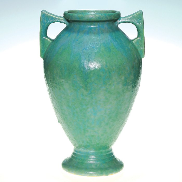 Roseville Carnelian II vase in blue, shape 339-15: Roseville Carnelian II vase in blue, shape 339-15. Unmarked with the exception of the number 339 in red crayon on the bottom. Height 15 1/8 inches. Excellent original condition with nice gloppy glaze.