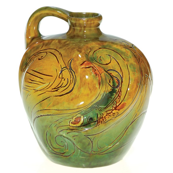 Weller Hunter vase, incised-painted fish, 5 5/8”: Unusual Weller Hunter whiskey jug featuring two rather bizarre fish and lots of hand incising in the design. Incised “Hunter” on the bottom along with a paper label which reads “From the White P