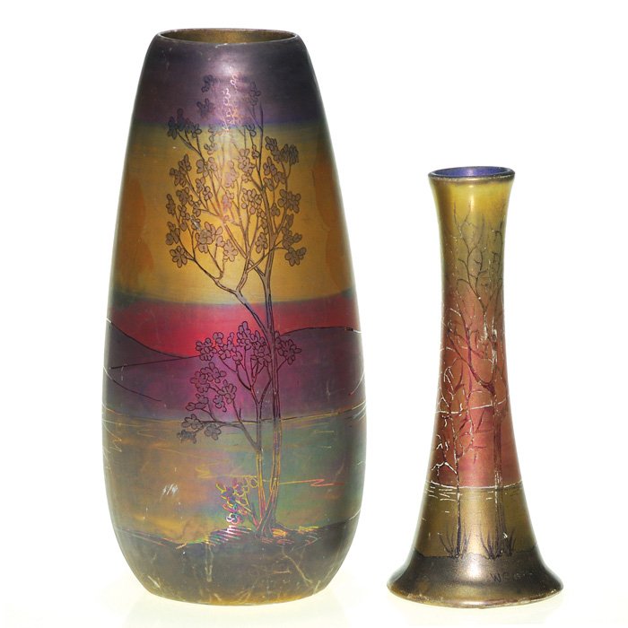 2 Weller Lasa vases, 8 1/8” and 6 1/4”: Two Weller Lasa scenic vases, one 8 1/8” inches tall and the other 6 1/4 inches tall. Both are signed Weller Lasa on the side and the shorter vase also has an original black Weller paper paster on t