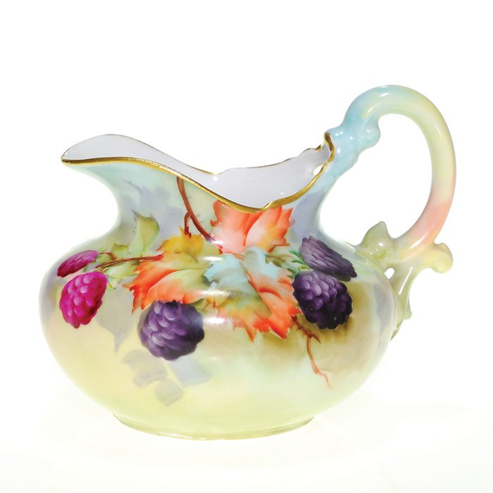 China paint creamer, Paul Putzki, 3 1/8": Limoges T&V porcelain creamer hand decorated and signed by German-born Paul Putzki with plump raspberries with foliage. Height 3 1/8 inches. First Lady Caroline Harrison, a former student of Putzki be