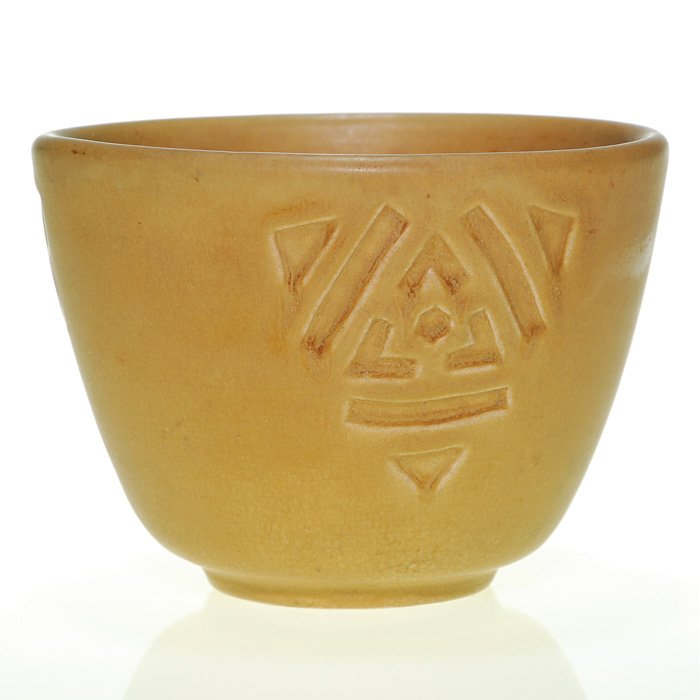 Overbeck School, Maude Eggemeyer, 1914, 3 3/8": Overbeck School of Design and Pottery mat glaze vase with three deeply carved geometric panels thought to be the work of Indiana painter, Maude Kaufman Eggemeyer in 1914. The Overbeck sisters operated