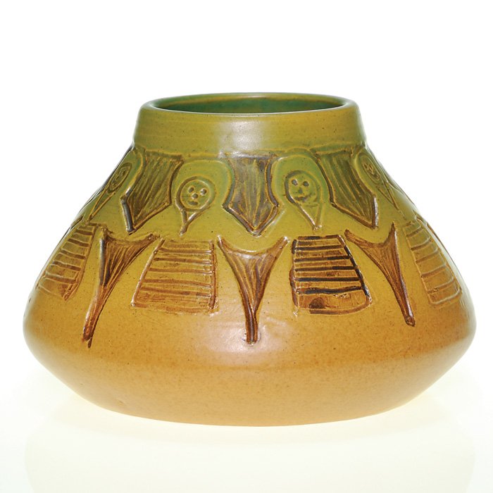 UND, Scandinavian Maids, Nyquist, 1952, 3 1/2”: Charming UND pyramidal shaped vase with incised and painted Scandinavian Maids hand in hand around the surface, the work of Bella Nyquist in 1952. The vase bears the UND ink stamp logo and is incised 