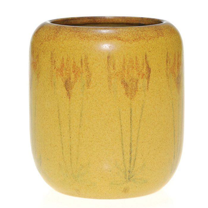 Decorated Marblehead 4 3/8” vase, H & T, floral: Marblehead Pottery vase designed by Arthur Hennessey and decorated with prairie flowers by Hannah Tutt. Impressed with the Marblehead logo and bearing the initials of the decorator on the footring. A