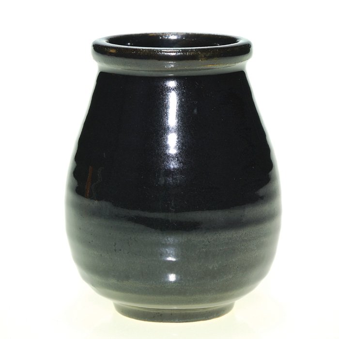 Newcomb black gloss 3” vase, Meyer: Newcomb College 3 inch vase, built by Joseph Meyer and covered with a gloss black glaze. Impressed on base with the Newcomb insignia. In excellent, original condition.