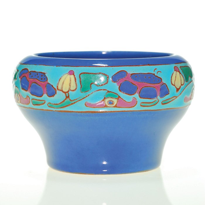 Rare California Faience 2 1/2” vase, Eureka Inn: Rare California Faience vase decorated in the cuenca fashion with a band of colorful vegetables encircling the vessel. Marked with the incised California Faience logo and “The Eureka Inn” in black