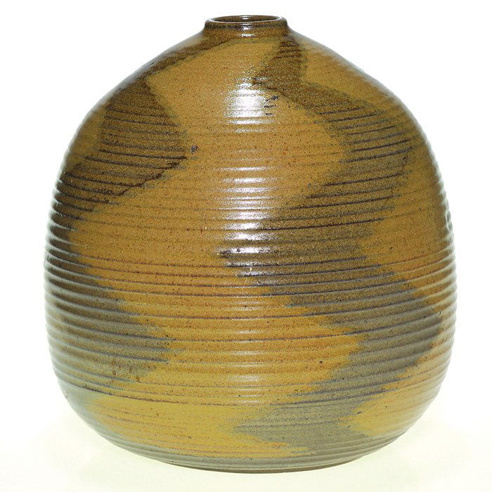 Clyde Burt 9 1/4” vase, Dayton-Melrose, OH, 1955: Studio Pottery bowl made by Clyde Burt in March, 1955. The artist utilized horizontally ridged design with painted geometrics in a quite effective manner. Incised on bottom with the artist’s “CB��