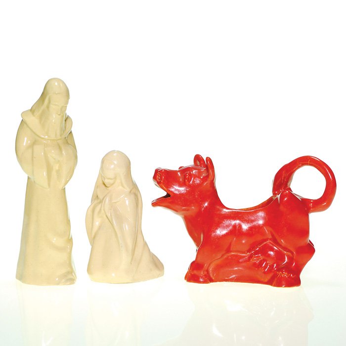 Fort Hays Kansas State College creche figures: Lot of 3 Fort Hays Kansas State College figures: First is a 7 inch creche figure of a bearded man in a robe, designed by Verna Wendelin; second is a 4 3/8 inch creche figure of a kneeling woman, also 