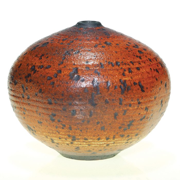 Vivika and Otto Heino vase, 5 3/4": Vivika and Otto Heino vase done in orange and black, a blend of Scandinavian modern and Japanese folk pottery. Incised Vivika and Otto on bottom. In excellent, original condition. Height is 5 3/4 inch