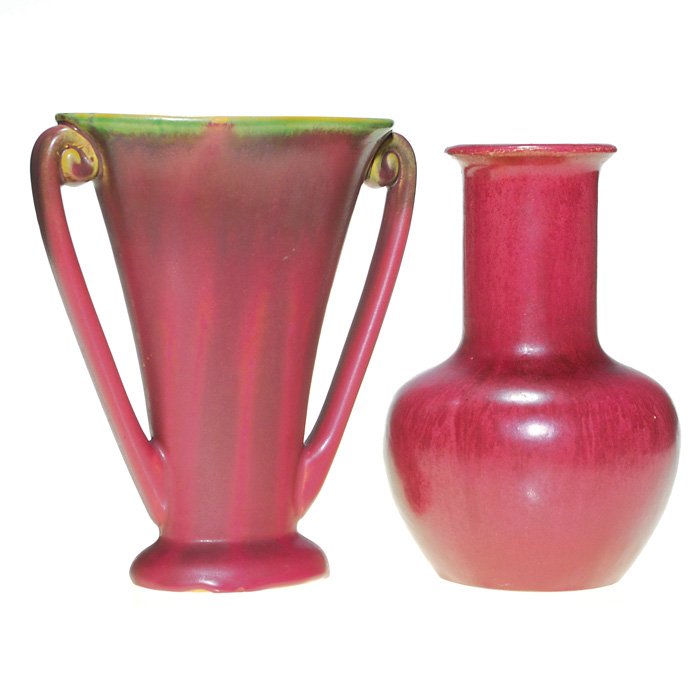 Fulper two vase, wistaria glazes, 7 3/4” & 8 1/8”: Lot of two Fulper vases with the Wistaria glaze, the 8 1/8 inch vase having green applied at the rim. The shorter, 7 3/4 inches, is impressed with the Pottery logo while the other has the oval inkstam