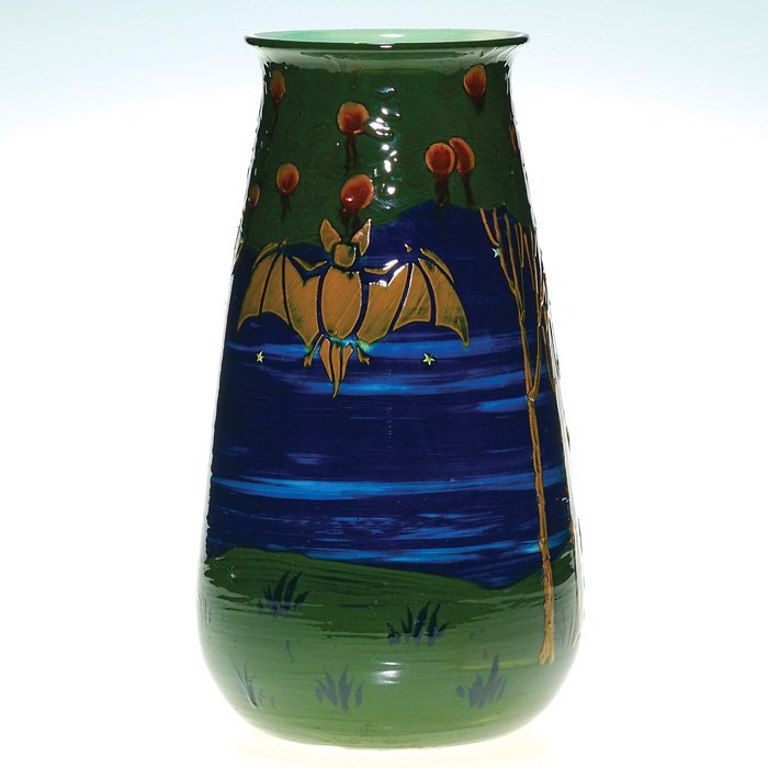 Rare Wardle vase, bats, moon, trees, Rhead, 12": The best piece of Wardle we have ever had. A rather amazing vase with slip trail decoration consisting of two large bats, a crescent moon, clouds, stars and apple trees laden with fruit all done in th
