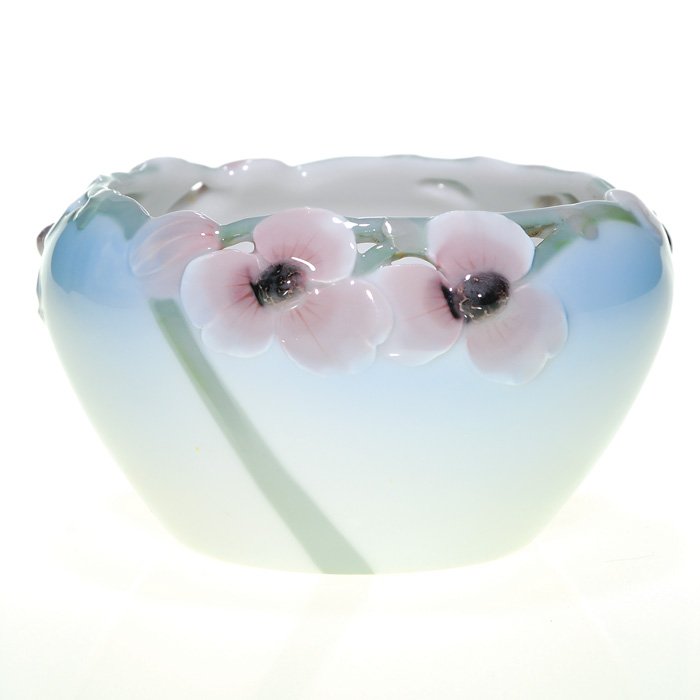 Rorstrand porcelain 2 7/8” X 5 1/8”bowl, "ML": Rorstrand Porcelain bowl with reticulated rim and encircled by pink flowers and green stems. Marked with the Rorstrand logo and the initials of the artist, ML. In excellent, original condition. Size i