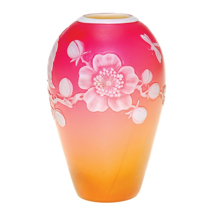 Webb cameo Peachblow vase, wild roses, 5 1/8”: Beautiful English Peachblow cameo vase attributed to Thomas Webb & Sons. The 5 1/8 inch vessel has the life size carving of a leafy thorn branch bountiful of buds and a single open wild rose that has