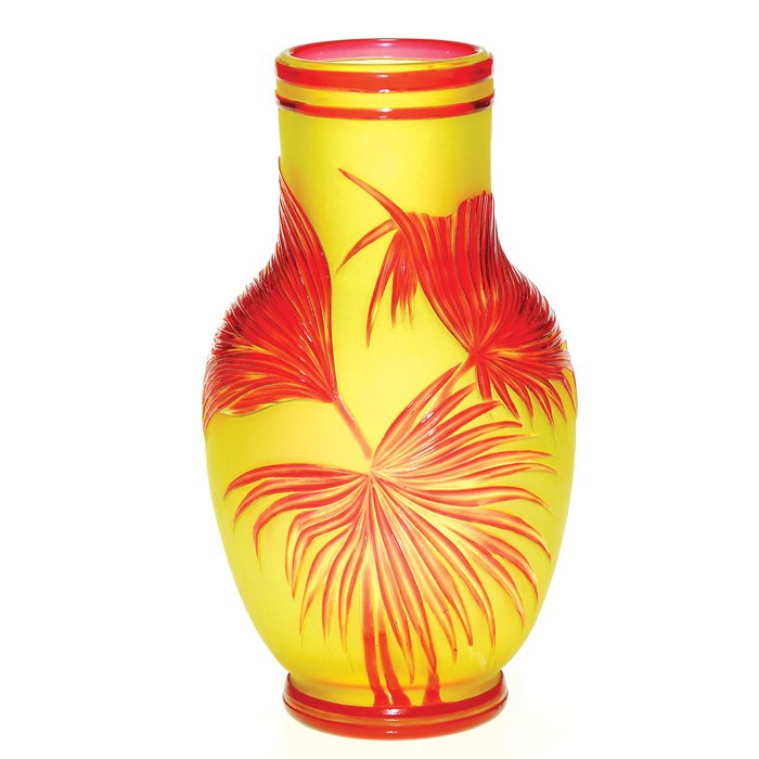 Webb Cameo vase, red palm fronds, 6 1/8”: Good Thomas Webb & Sons English cameo vase, the citron body beautifully carved with a trio of crimson red palm fronds on the front and the visitation of a butterfly on the obverse. Height 6 1/8 inches