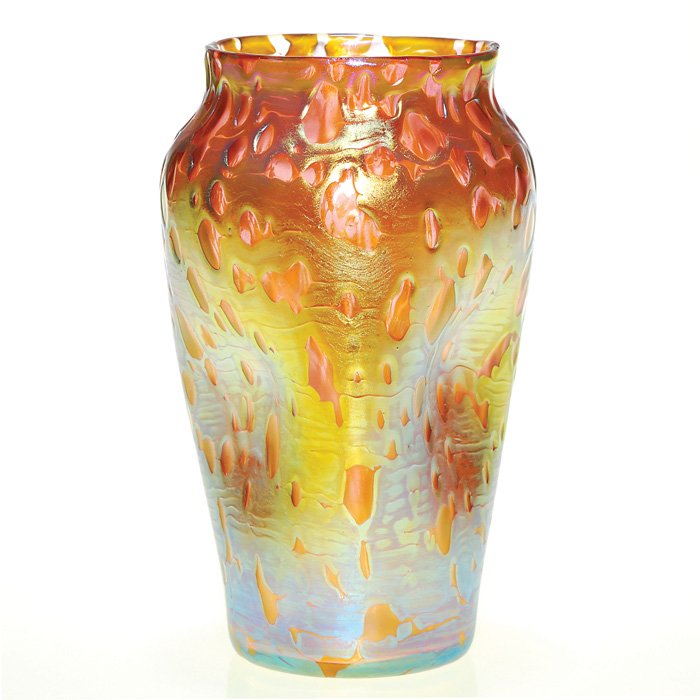 Loetz “Diaspora” vase, gold over pearl pink, 7”: Loetz “Diaspora” vase beautifully displaying a wavy textured gold cased over a pearlized pink, the body pinched in three areas. Height 7 inches. The surface is brightened with citron and has a hin