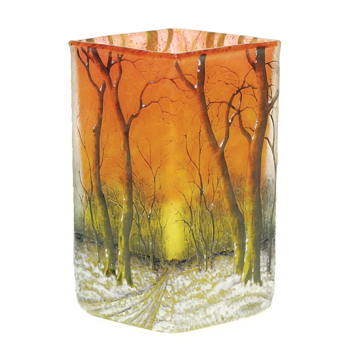 Daum Nancy "Winter" vase, 4 1/2”, signed: Daum Nancy “Winter” vase, the four sides shown with a barren woodland with tire tracked roadways and a meadow covered with a dusting of snow. The winterscape is enlightened against a nice orange t