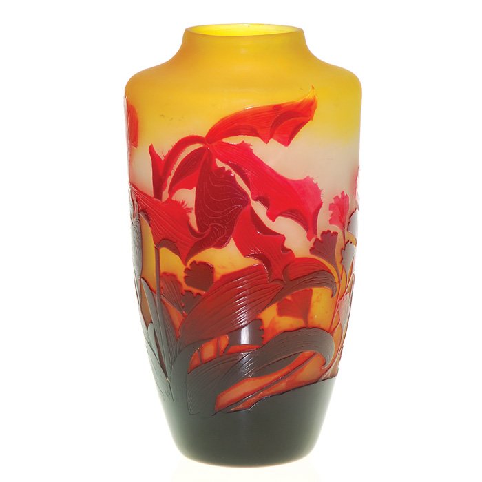 Paul Nicholas cameo vase, orchids & ferns, 7 1/2”: Good Paul Nicholas cameo vase showing three exotic orchids in full bloom among sprigs of maiden hair ferns. The glossy flowers and ferns are in shades of wine red and mulberry set against a mat frost