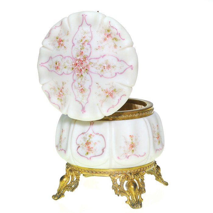 Wavecrest dresser box, petal form, floral, 6”X6” : Good Wavecrest dresser box deftly decorated with sprigs of pink forget-me-nots placed on each molded petal. The box is lifted upon pierced oromulu feet to a height of 6 inches and has a width of 6 inc