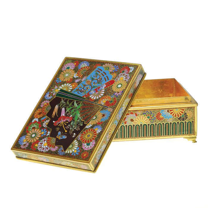 Japanese Cloisonnè covered box, 1 7/8” X 3 7/8”: Ando style Japanese Cloisonnè trinket box lofted on four petite feet with cover. All sides of the box are consumed with ornate and colorful flowerheads bordered by teensy scrolls while the bottom sho
